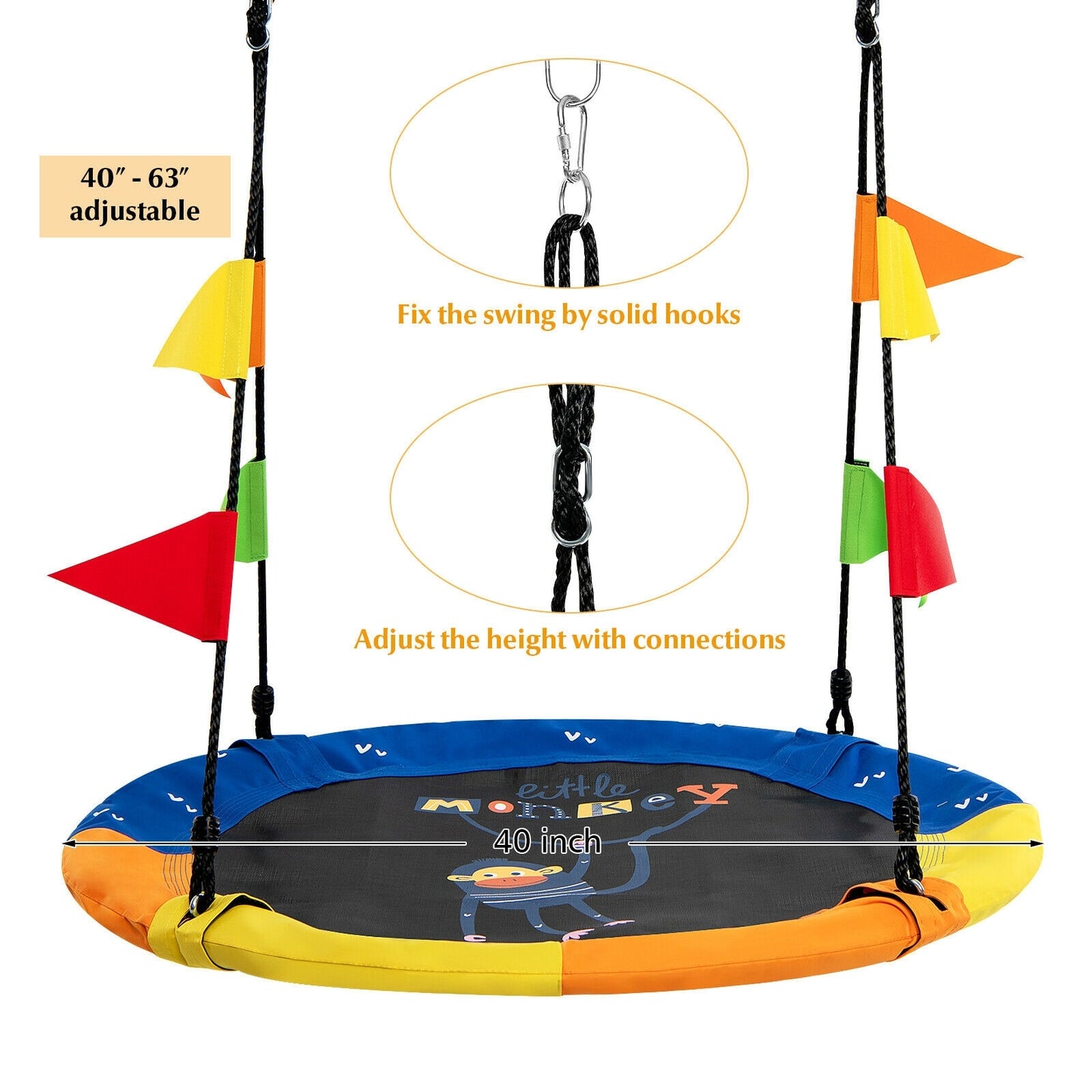 40 Inch Flying Saucer Tree Swing with Hanging Straps Monkey-Yellow Kids Crystal