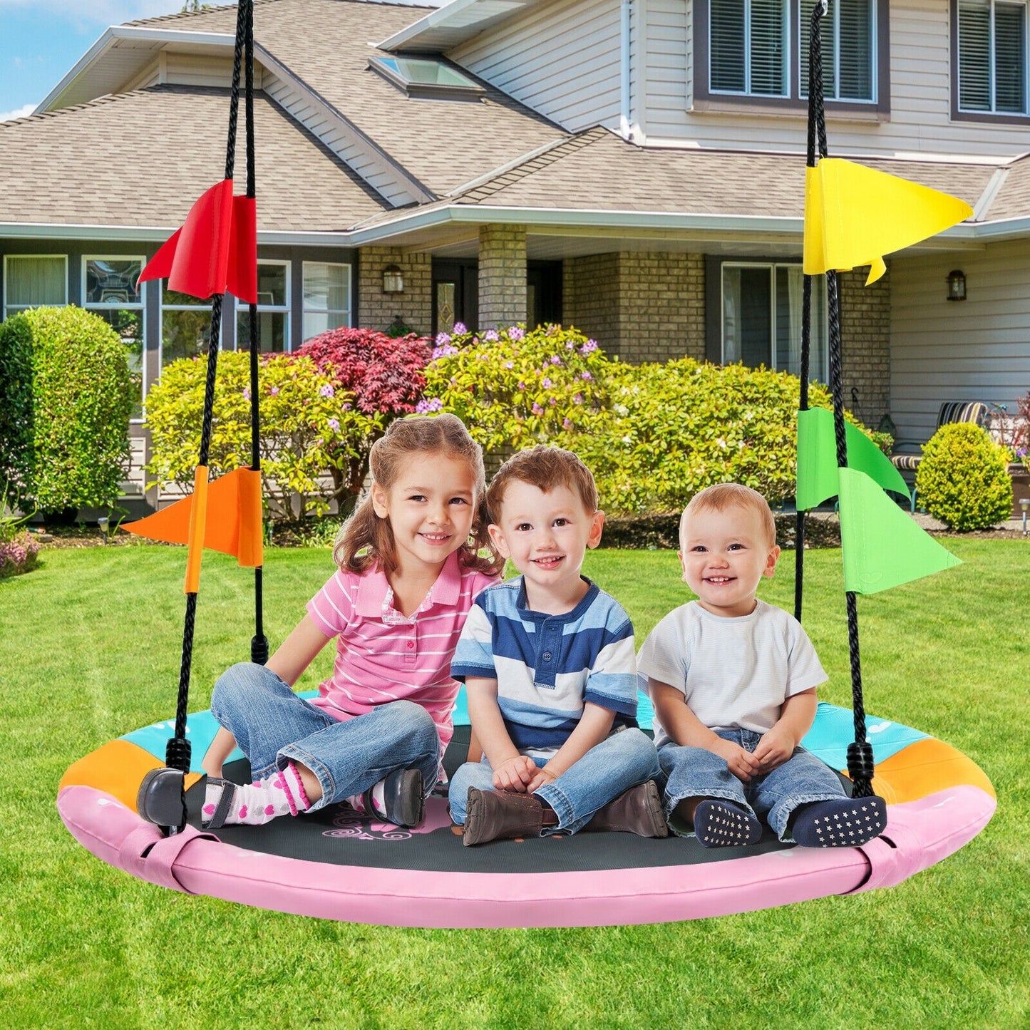 40 Inch Flying Saucer Tree Swing with Hanging Straps Monkey-Pink Kids Crystal