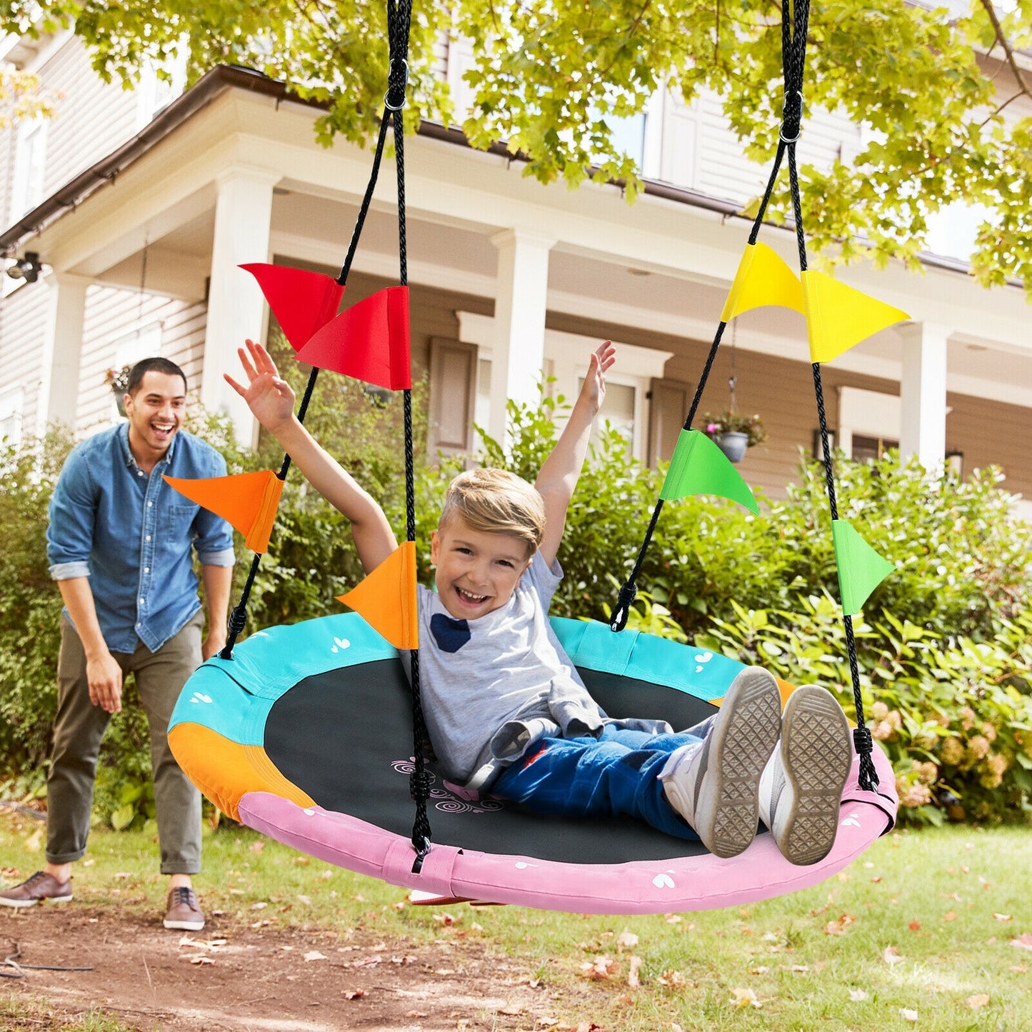 40 Inch Flying Saucer Tree Swing with Hanging Straps Monkey-Pink Kids Crystal