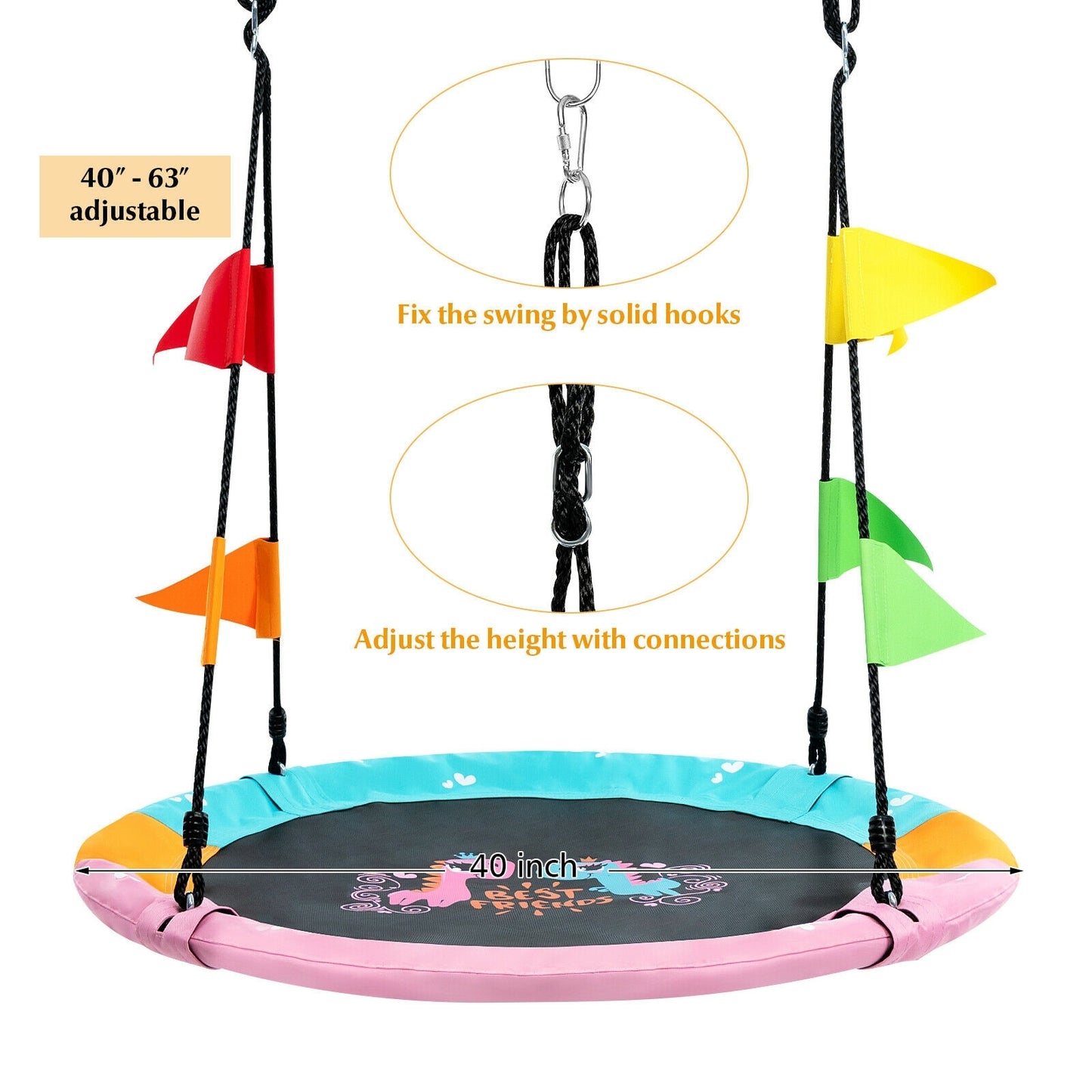 40 Inch Flying Saucer Tree Swing with Hanging Straps Monkey-Pink Kids Crystal