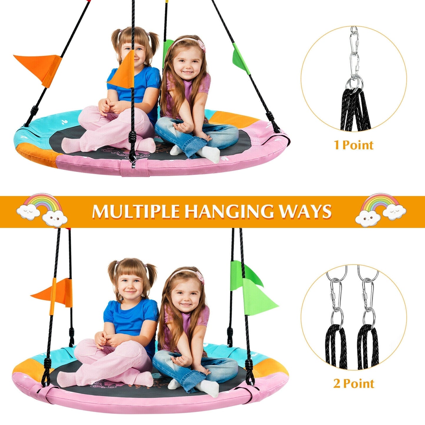 40 Inch Flying Saucer Tree Swing with Hanging Straps Monkey-Pink Kids Crystal