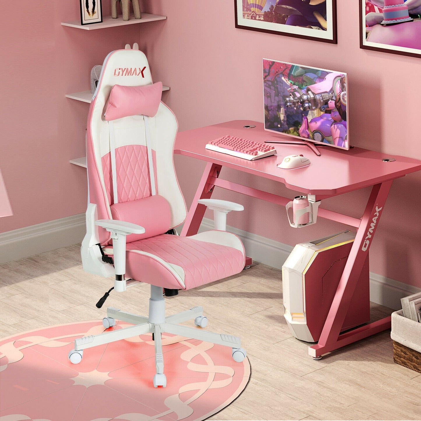 Ergonomic High Back Computer Desk Chair with Headrest and Lumbar Support-Pink Kids Crystal