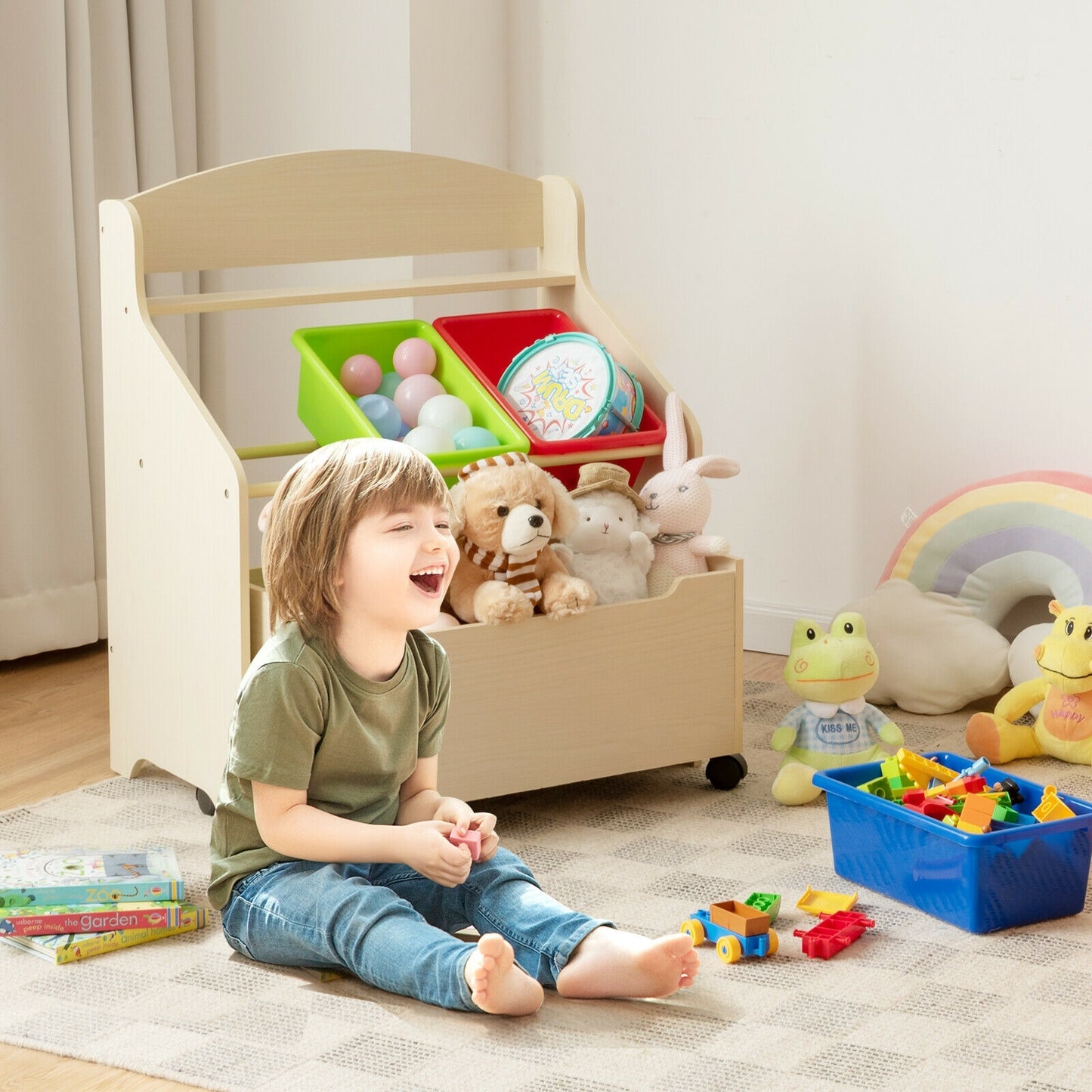 Kids Wooden Toy Storage Unit Organizer with Rolling Toy Box and Plastic Bins-Natural Kids Crystal
