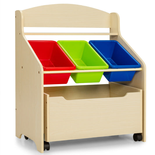 Kids Wooden Toy Storage Unit Organizer with Rolling Toy Box and Plastic Bins-Natural Kids Crystal