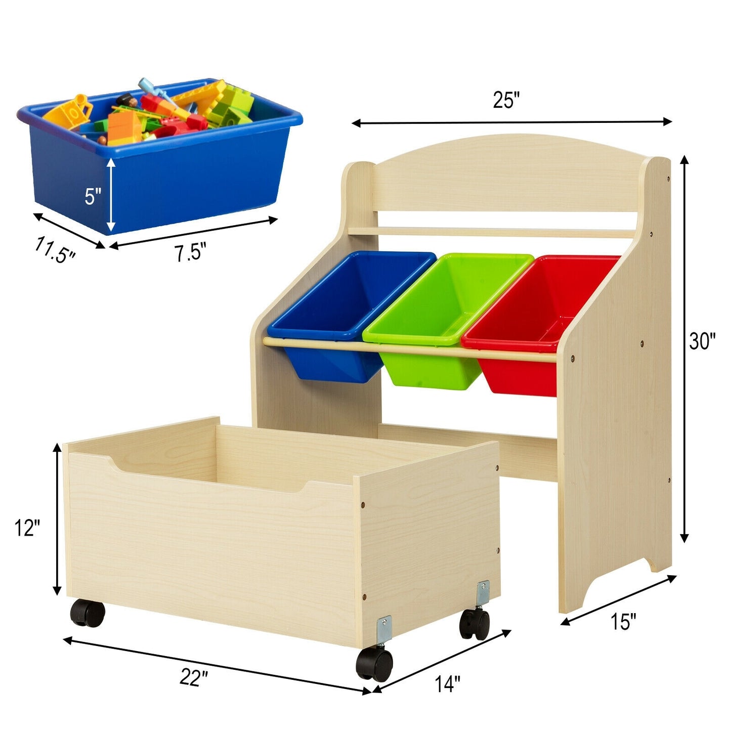 Kids Wooden Toy Storage Unit Organizer with Rolling Toy Box and Plastic Bins-Natural Kids Crystal