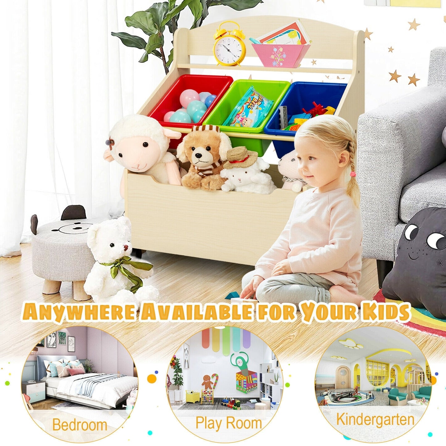Kids Wooden Toy Storage Unit Organizer with Rolling Toy Box and Plastic Bins-Natural Kids Crystal