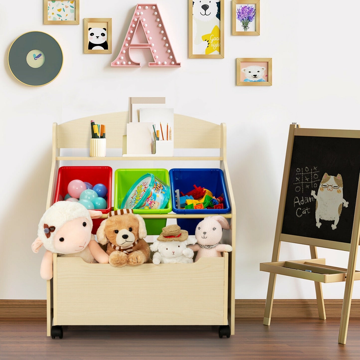 Kids Wooden Toy Storage Unit Organizer with Rolling Toy Box and Plastic Bins-Natural Kids Crystal