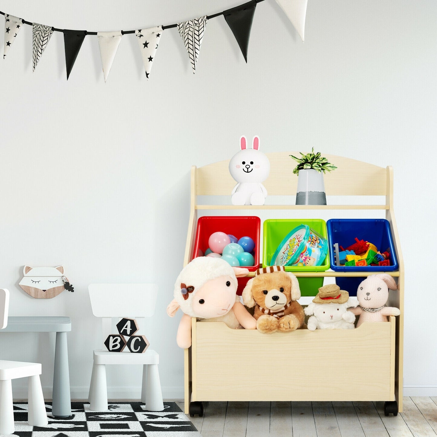 Kids Wooden Toy Storage Unit Organizer with Rolling Toy Box and Plastic Bins-Natural Kids Crystal