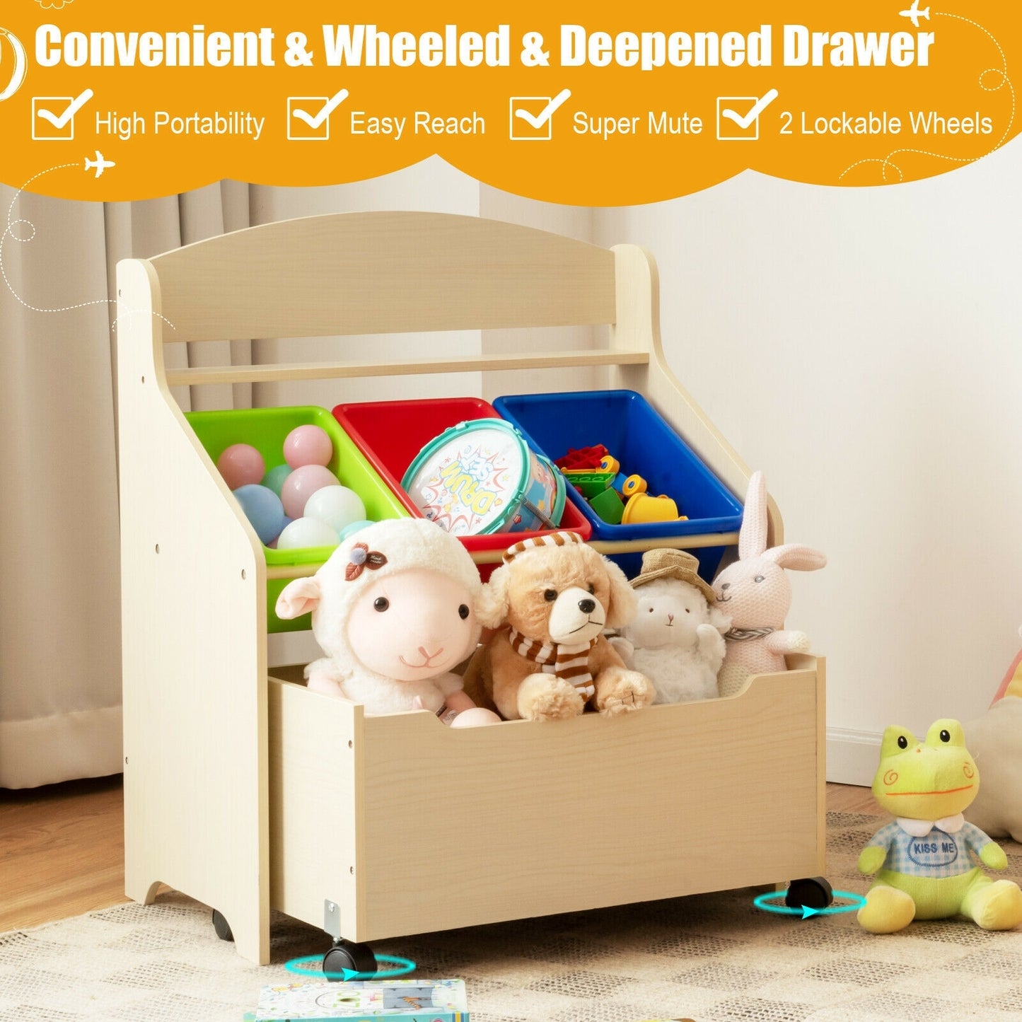Kids Wooden Toy Storage Unit Organizer with Rolling Toy Box and Plastic Bins-Natural Kids Crystal