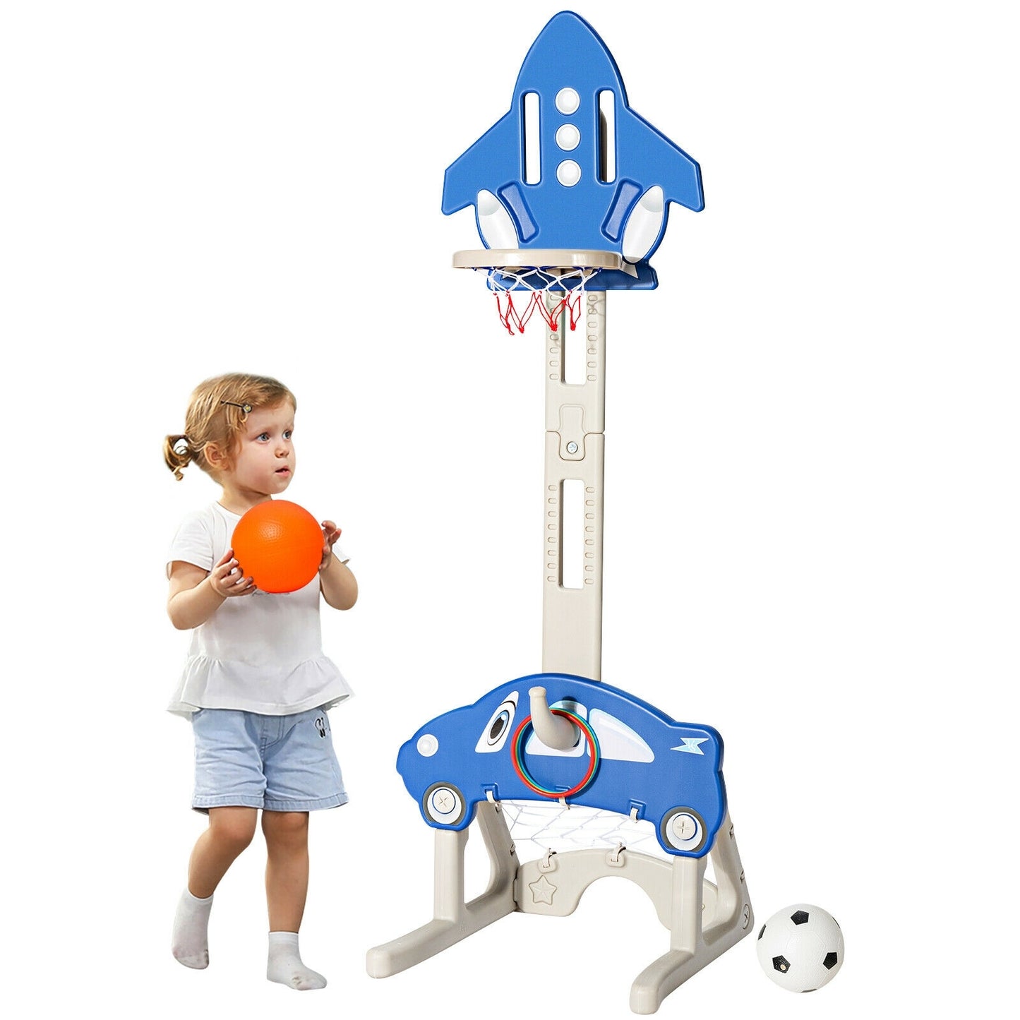 3-in-1 Basketball Hoop for Kids Adjustable Height Playset with Balls-Blue Kids Crystal