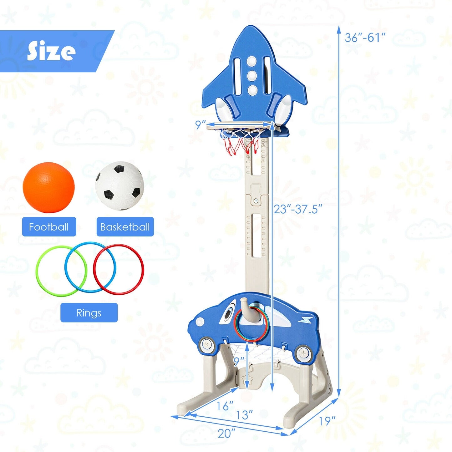 3-in-1 Basketball Hoop for Kids Adjustable Height Playset with Balls-Blue Kids Crystal