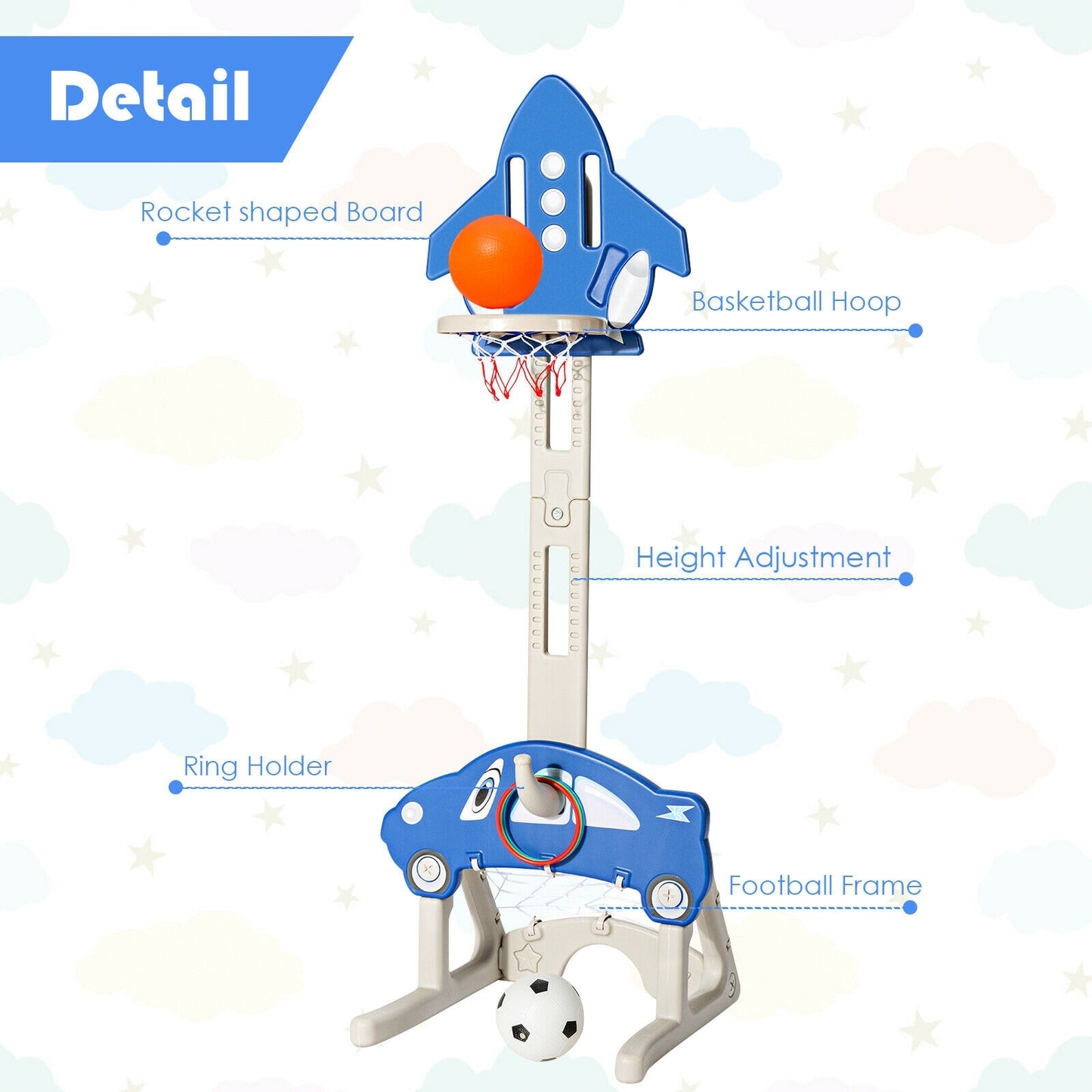 3-in-1 Basketball Hoop for Kids Adjustable Height Playset with Balls-Blue Kids Crystal