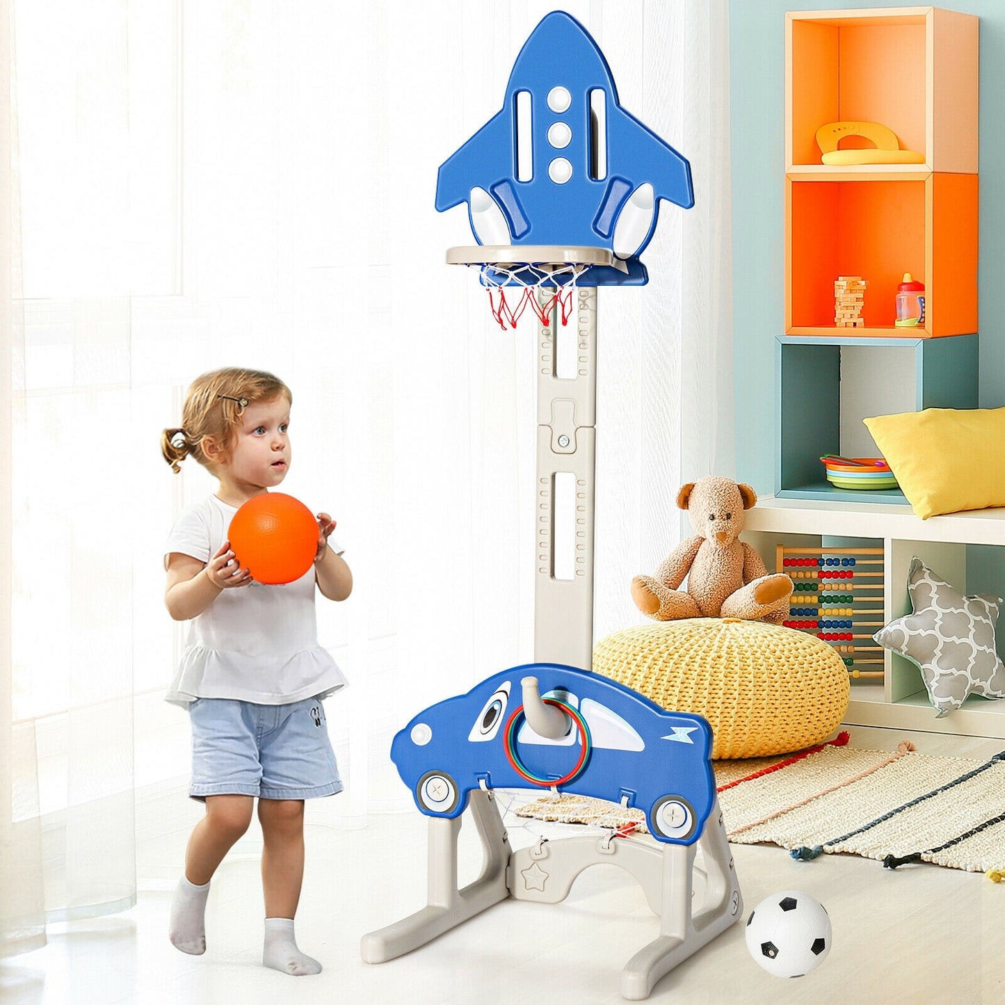 3-in-1 Basketball Hoop for Kids Adjustable Height Playset with Balls-Blue Kids Crystal