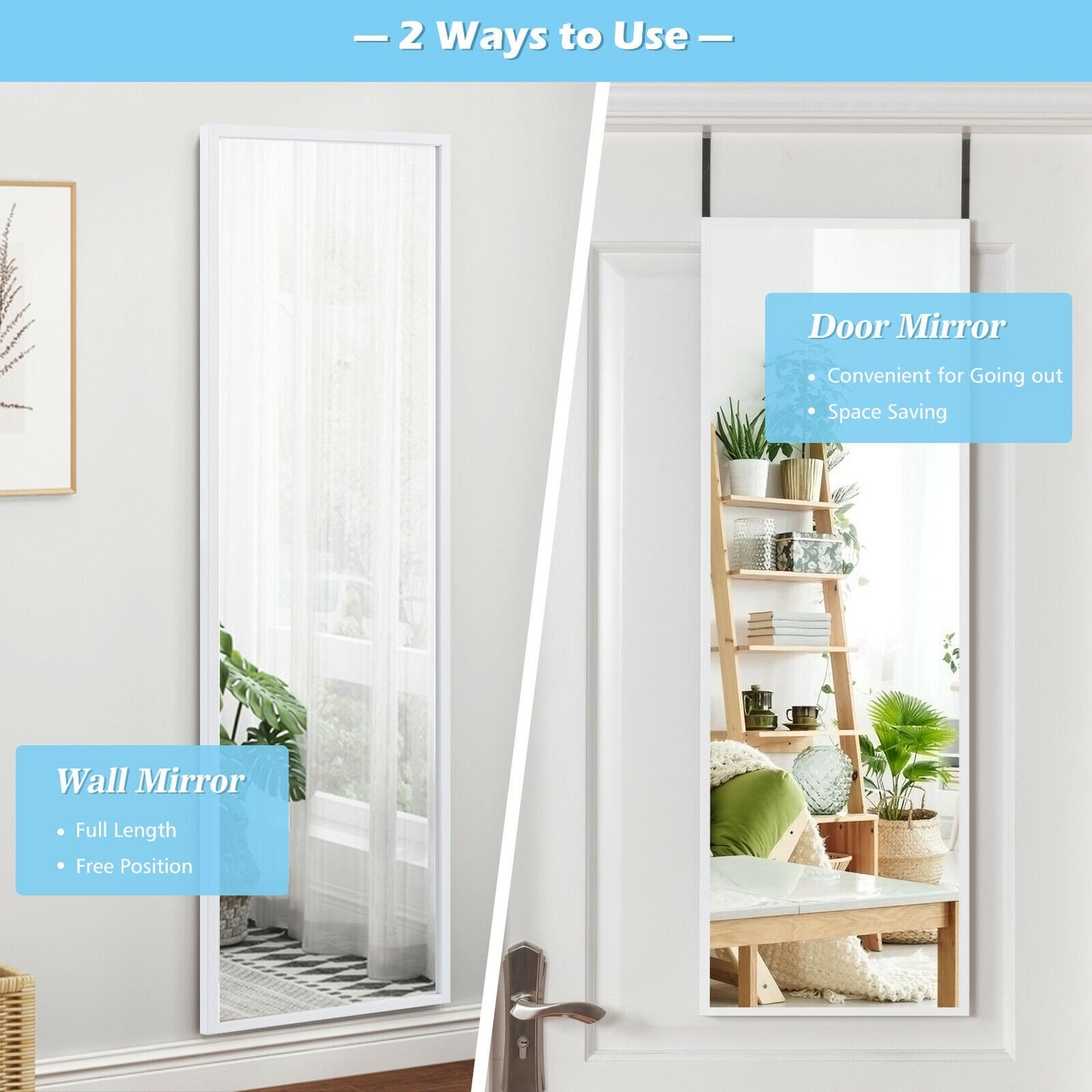 Full Length Metal Door Mirror with Adjustable Hook-White Kids Crystal