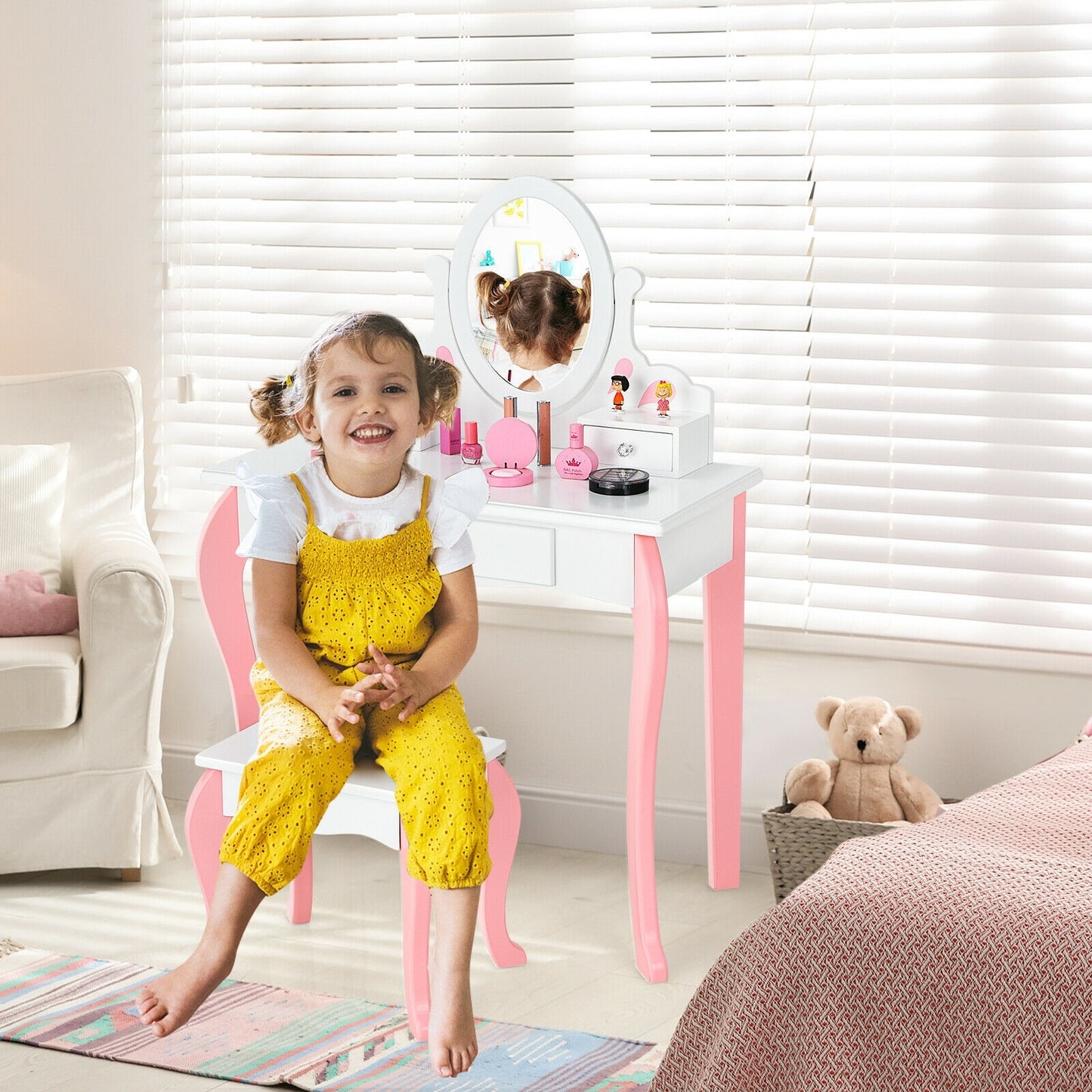 Kids Vanity Princess Makeup Dressing Table Stool Set with Mirror and Drawer-White Kids Crystal