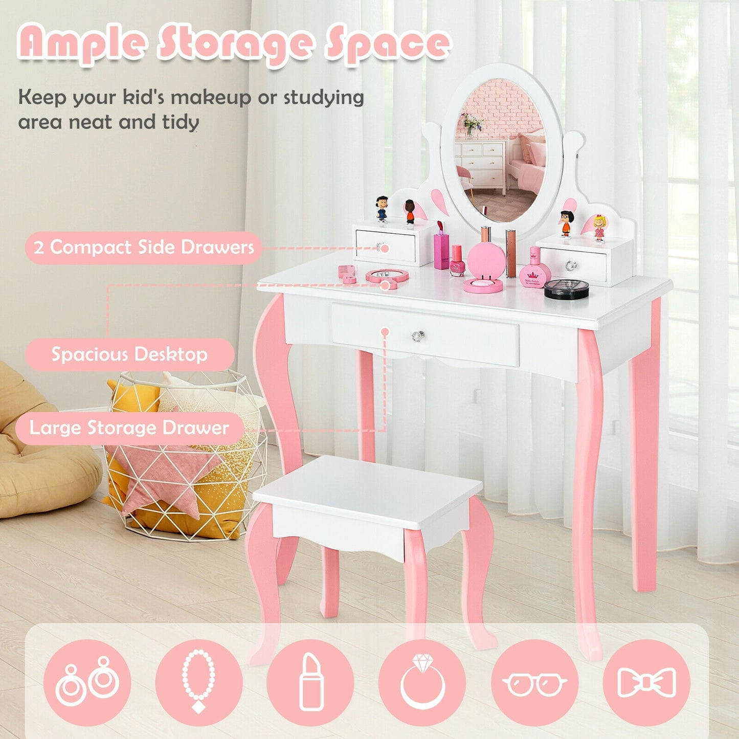 Kids Vanity Princess Makeup Dressing Table Stool Set with Mirror and Drawer-White Kids Crystal