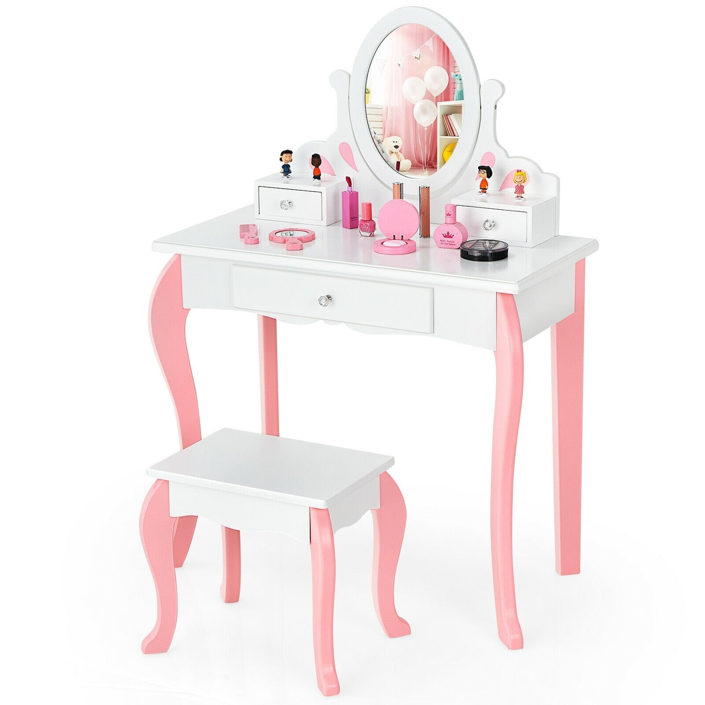 Kids Vanity Princess Makeup Dressing Table Stool Set with Mirror and Drawer-White Kids Crystal