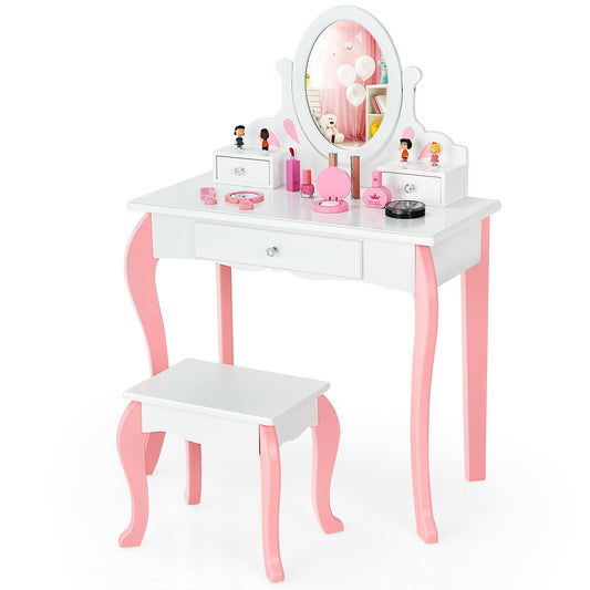 Kids Vanity Princess Makeup Dressing Table Stool Set with Mirror and Drawer-White Kids Crystal