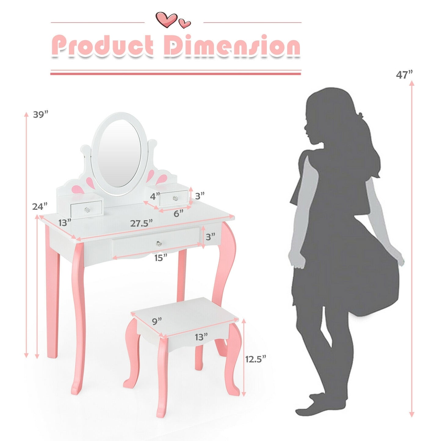 Kids Vanity Princess Makeup Dressing Table Stool Set with Mirror and Drawer-White Kids Crystal