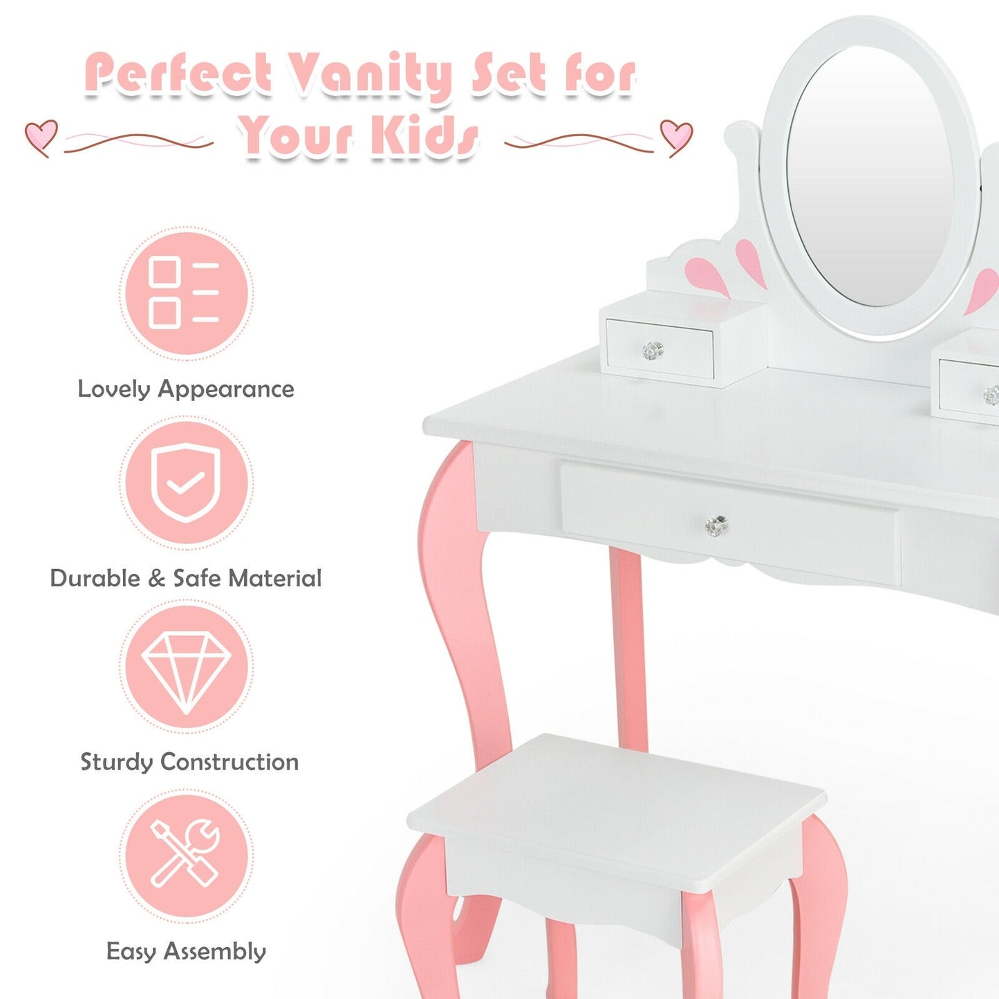 Kids Vanity Princess Makeup Dressing Table Stool Set with Mirror and Drawer-White Kids Crystal