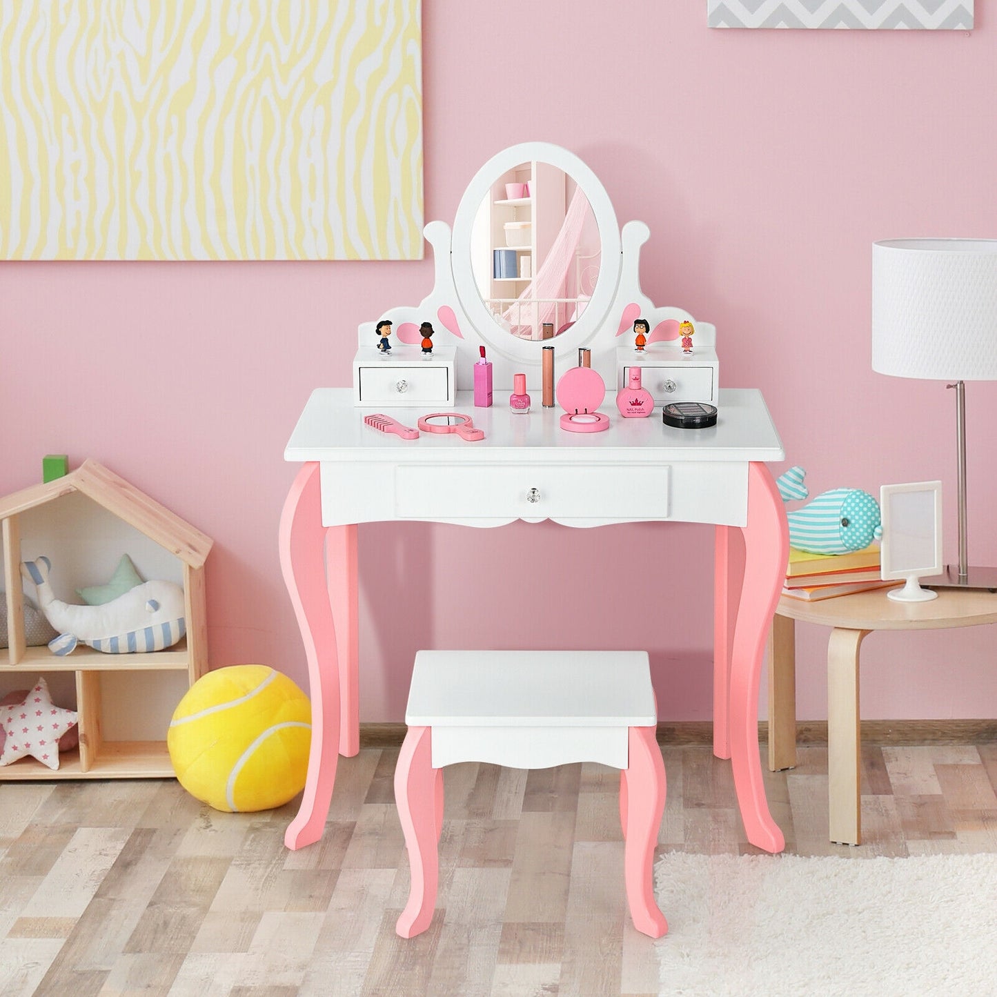 Kids Vanity Princess Makeup Dressing Table Stool Set with Mirror and Drawer-White Kids Crystal