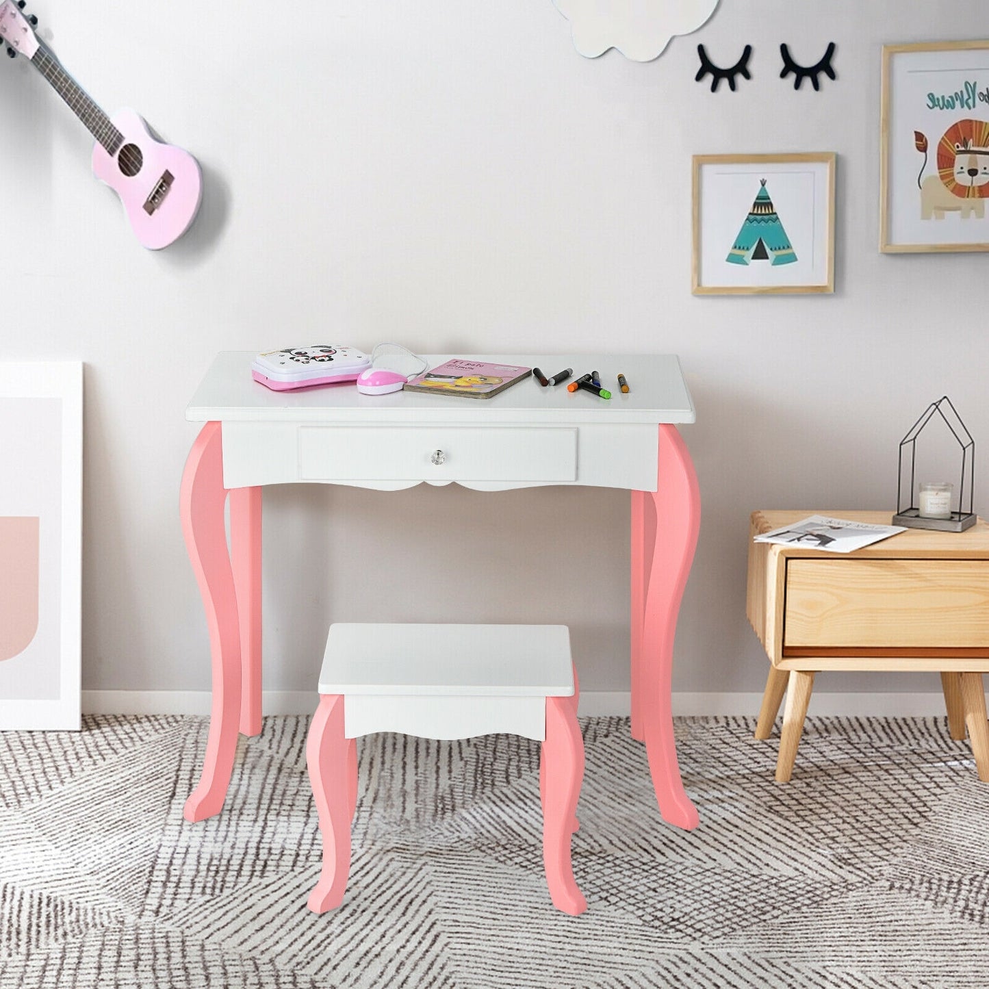 Kids Vanity Princess Makeup Dressing Table Stool Set with Mirror and Drawer-White Kids Crystal