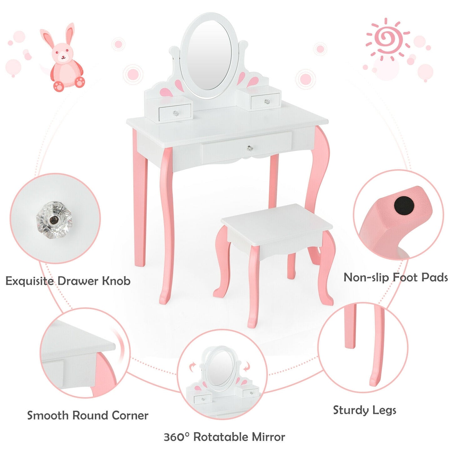 Kids Vanity Princess Makeup Dressing Table Stool Set with Mirror and Drawer-White Kids Crystal