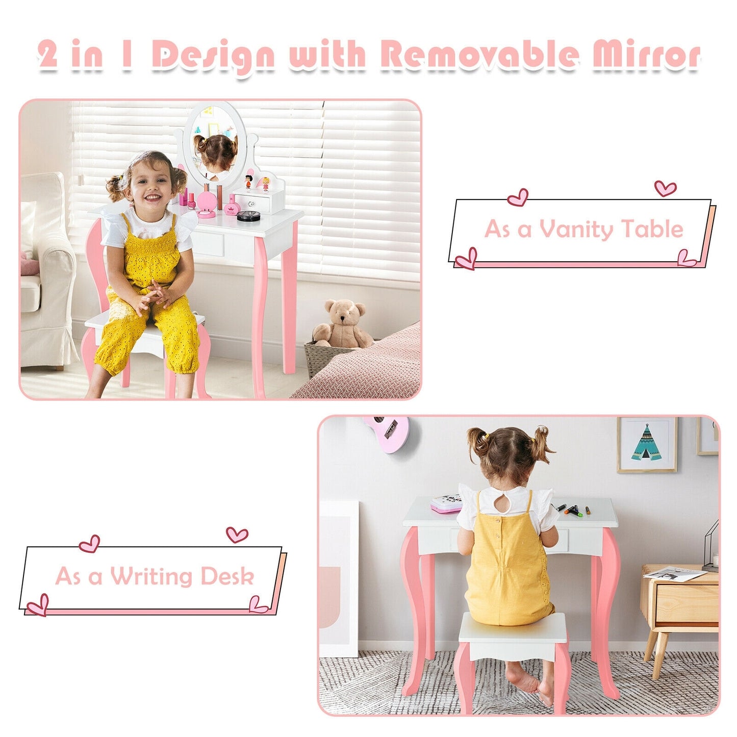 Kids Vanity Princess Makeup Dressing Table Stool Set with Mirror and Drawer-White Kids Crystal