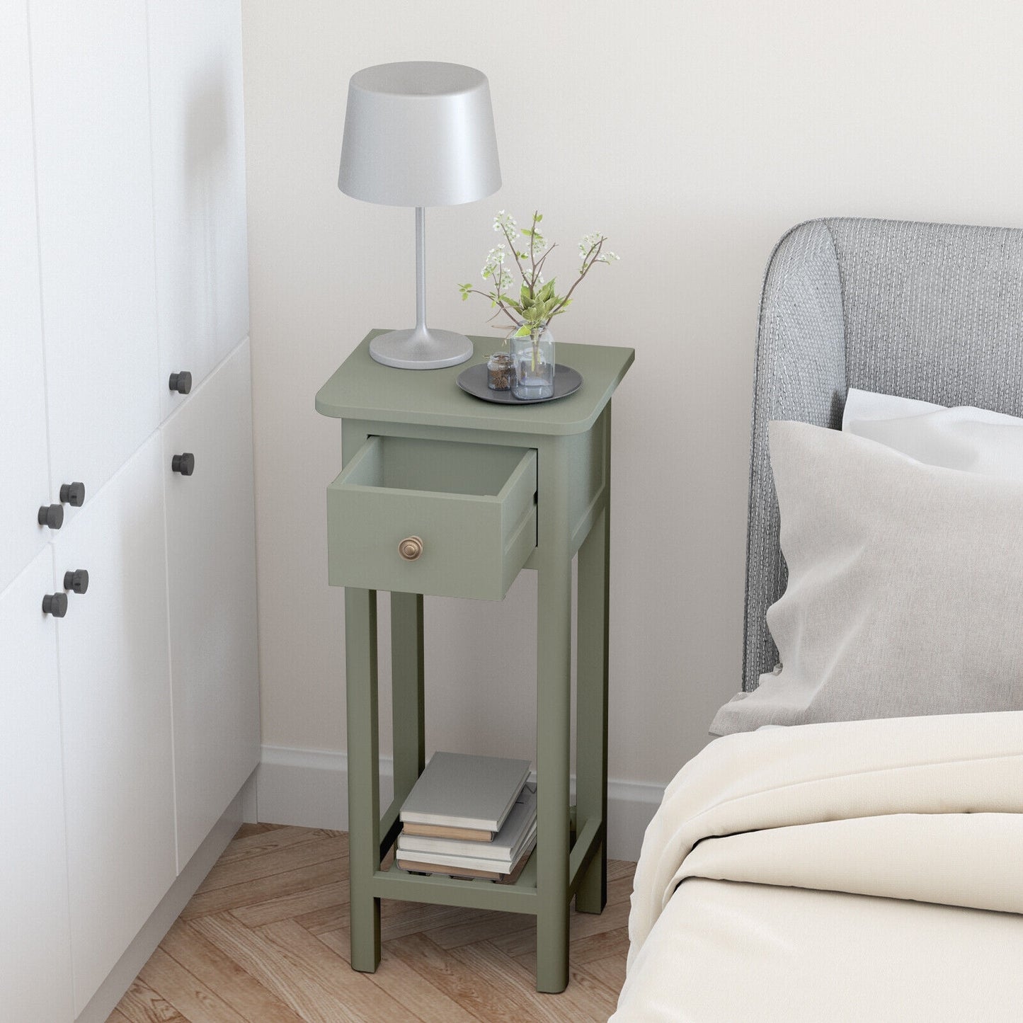 2 Tier Slim Nightstand Bedside Table with Drawer Shelf-Gray Kids Crystal