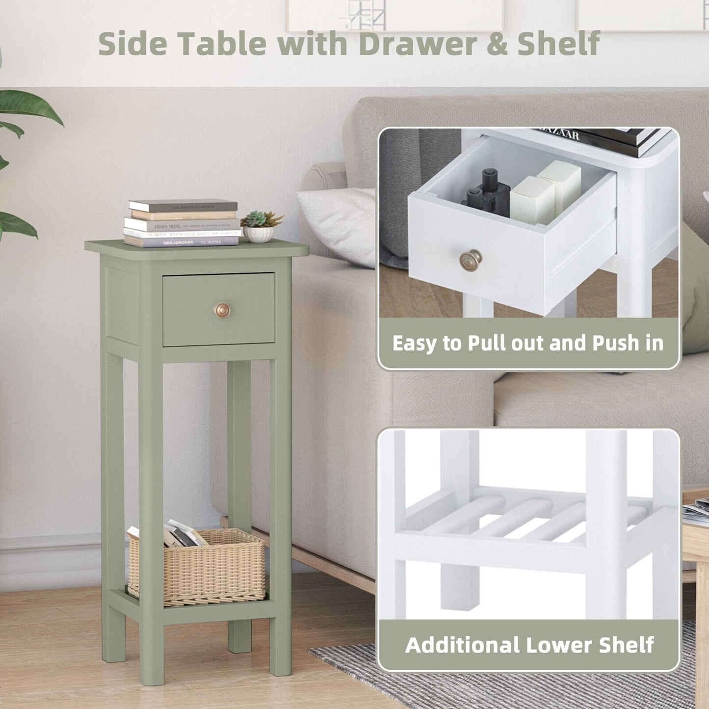 2 Tier Slim Nightstand Bedside Table with Drawer Shelf-Gray Kids Crystal