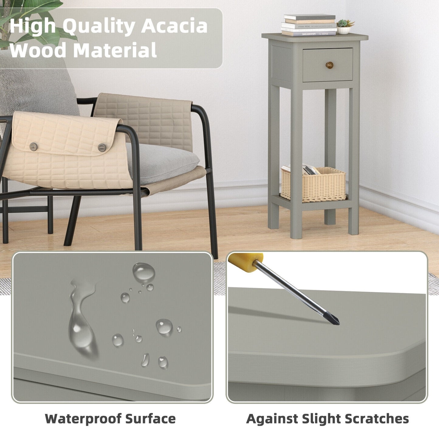 2 Tier Slim Nightstand Bedside Table with Drawer Shelf-Gray Kids Crystal