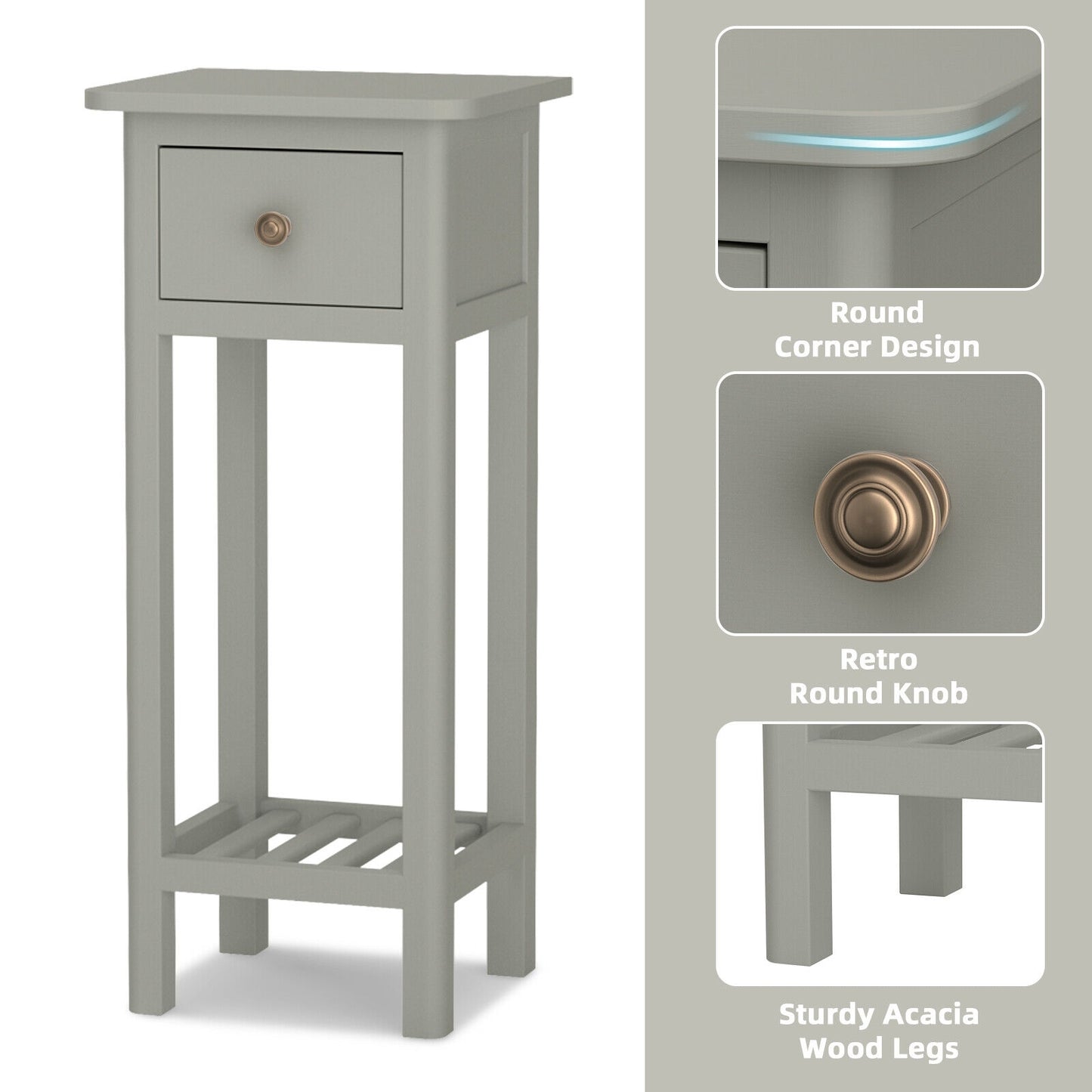2 Tier Slim Nightstand Bedside Table with Drawer Shelf-Gray Kids Crystal