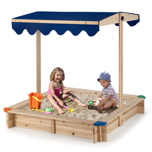 Kids Wooden Sandbox with Height Adjustable and Rotatable Canopy Outdoor Playset Kids Crystal