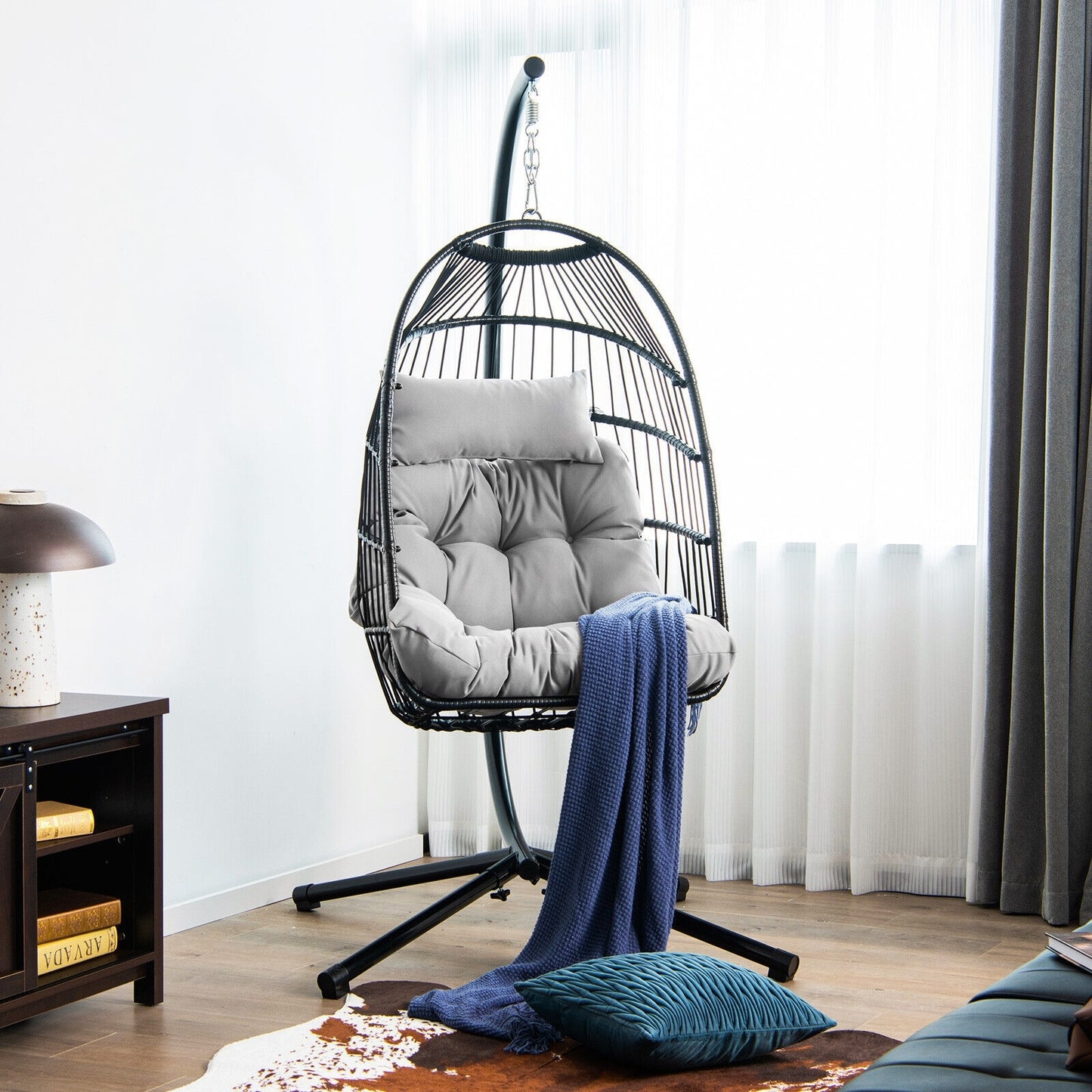 Patio Hanging Egg Chair with Stand Waterproof Cover and Folding Basket-Gray Kids Crystal