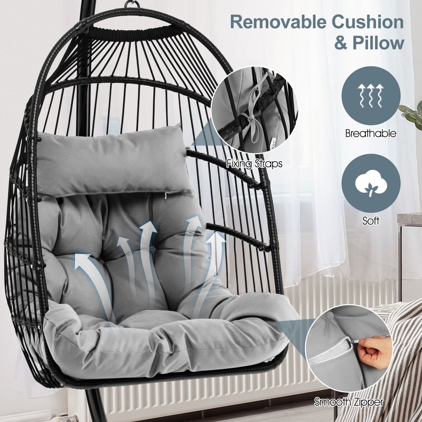 Patio Hanging Egg Chair with Stand Waterproof Cover and Folding Basket-Gray Kids Crystal