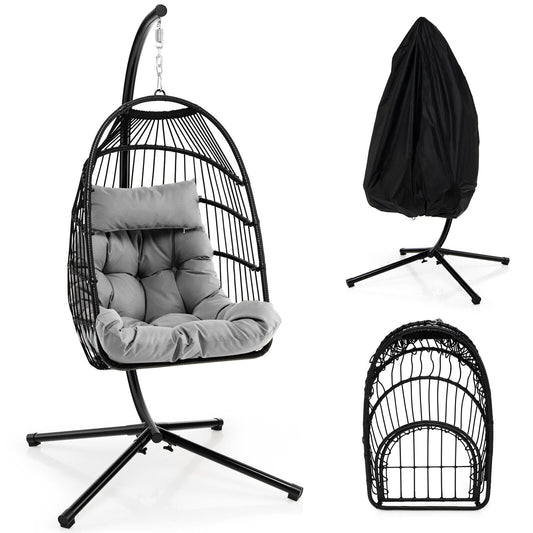 Patio Hanging Egg Chair with Stand Waterproof Cover and Folding Basket-Gray Kids Crystal