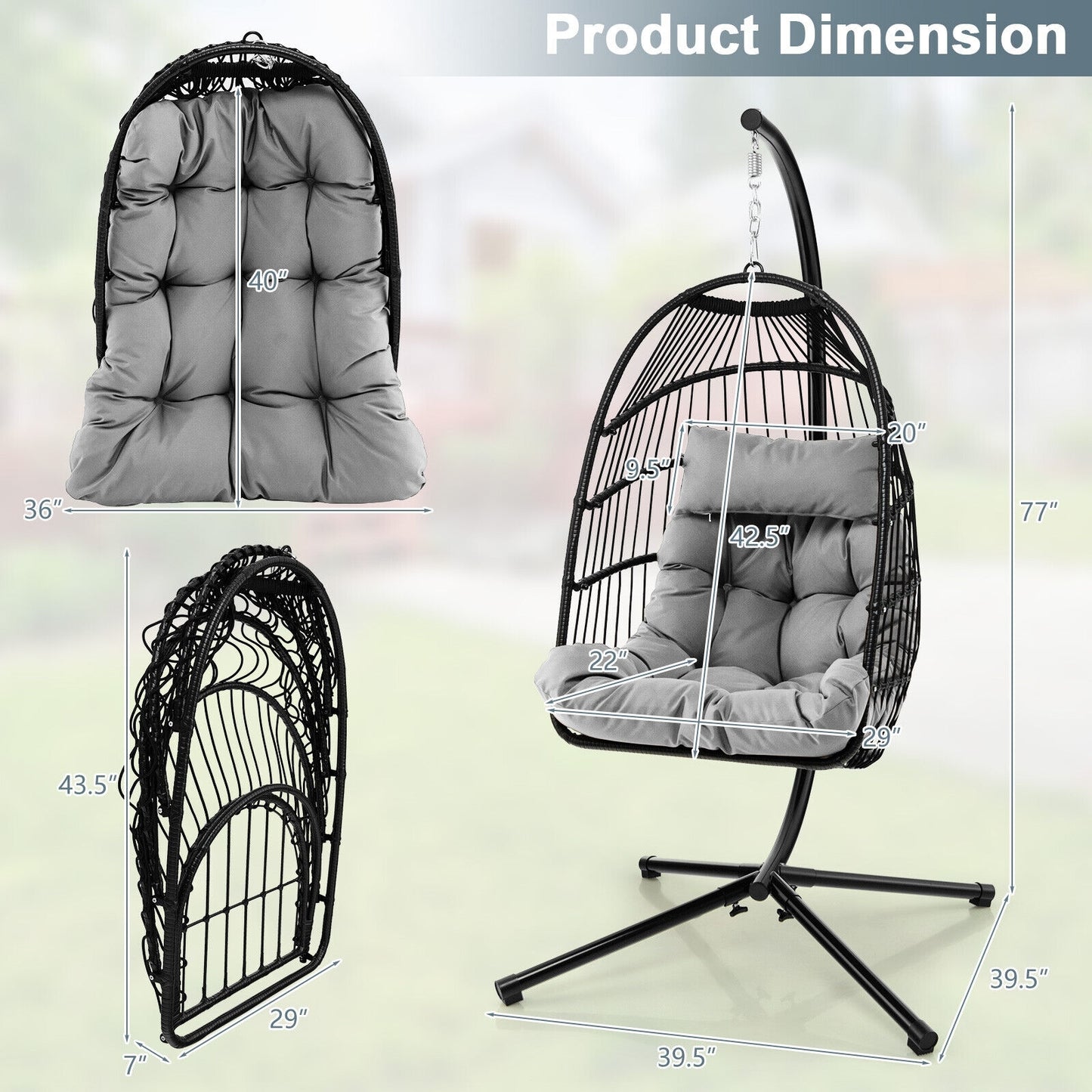 Patio Hanging Egg Chair with Stand Waterproof Cover and Folding Basket-Gray Kids Crystal