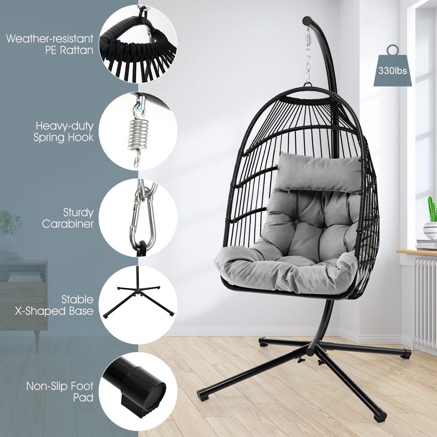 Patio Hanging Egg Chair with Stand Waterproof Cover and Folding Basket-Gray Kids Crystal