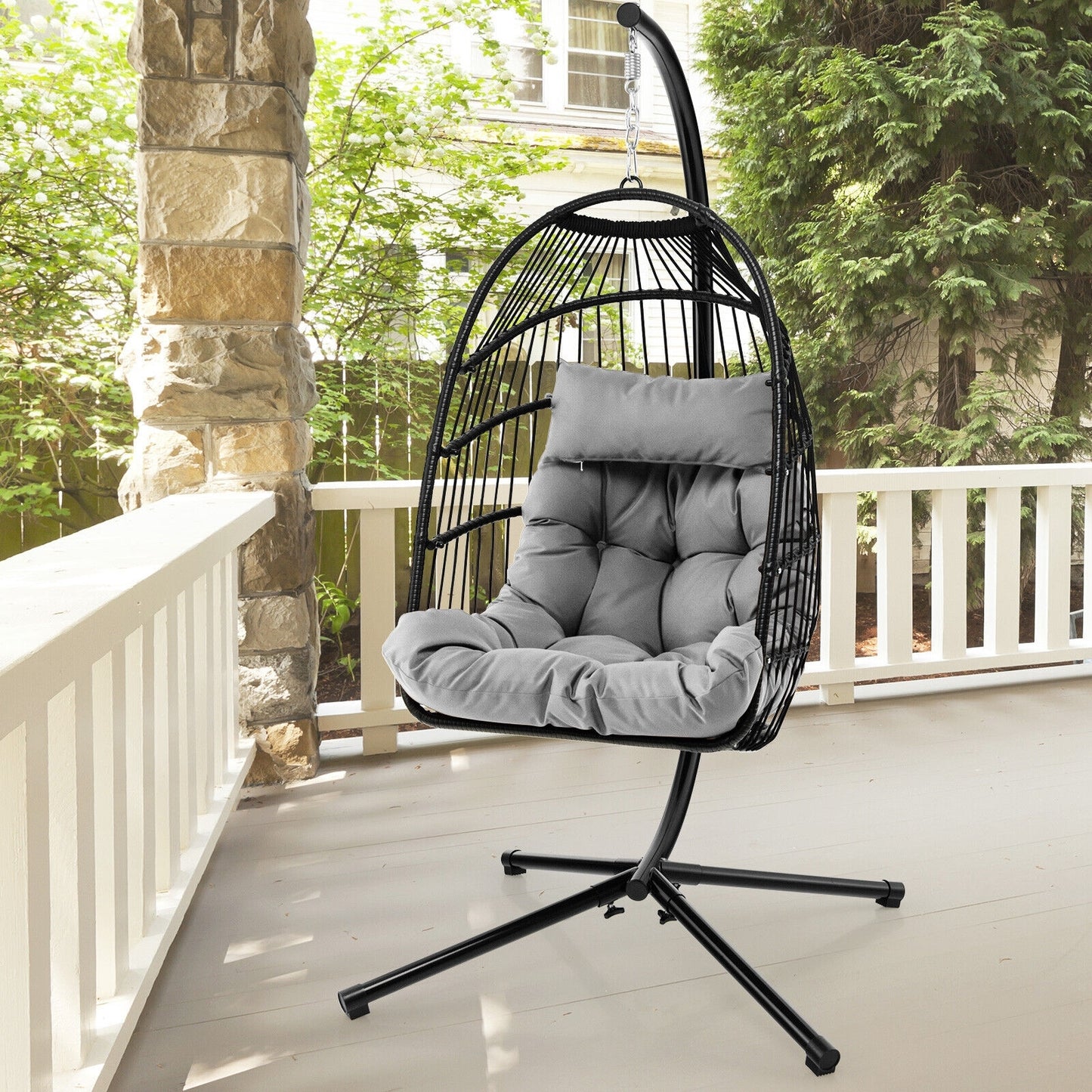 Patio Hanging Egg Chair with Stand Waterproof Cover and Folding Basket-Gray Kids Crystal