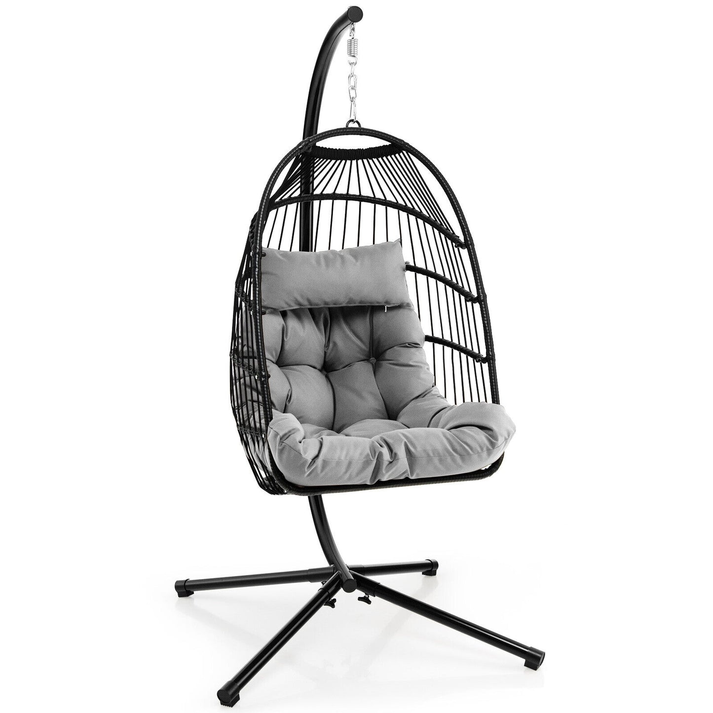 Patio Hanging Egg Chair with Stand Waterproof Cover and Folding Basket-Gray Kids Crystal