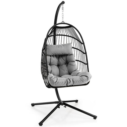 Patio Hanging Egg Chair with Stand Waterproof Cover and Folding Basket-Gray