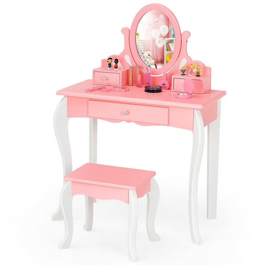 Kids Vanity Princess Makeup Dressing Table Stool Set with Mirror and Drawer-Pink Kids Crystal