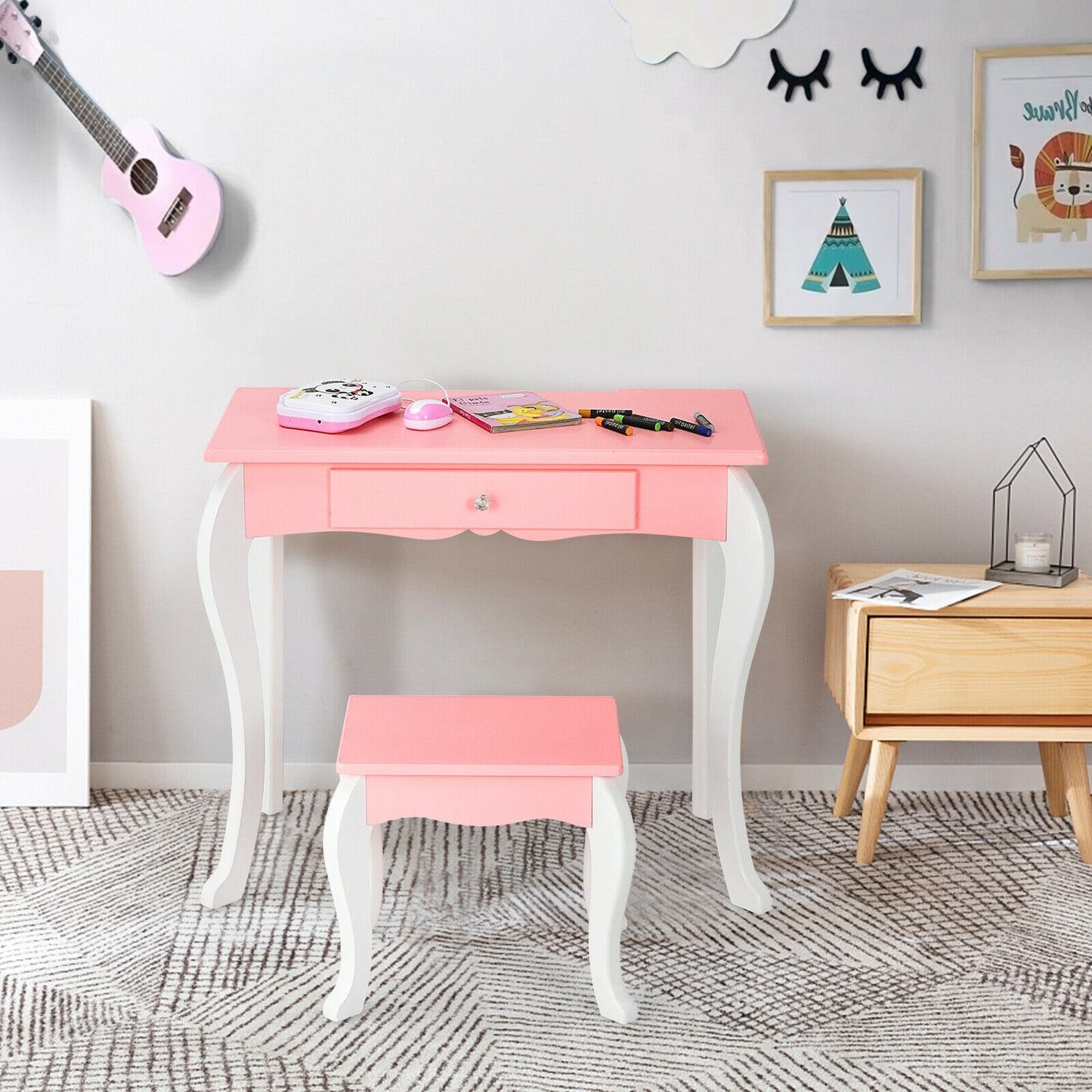 Kids Vanity Princess Makeup Dressing Table Stool Set with Mirror and Drawer-Pink Kids Crystal