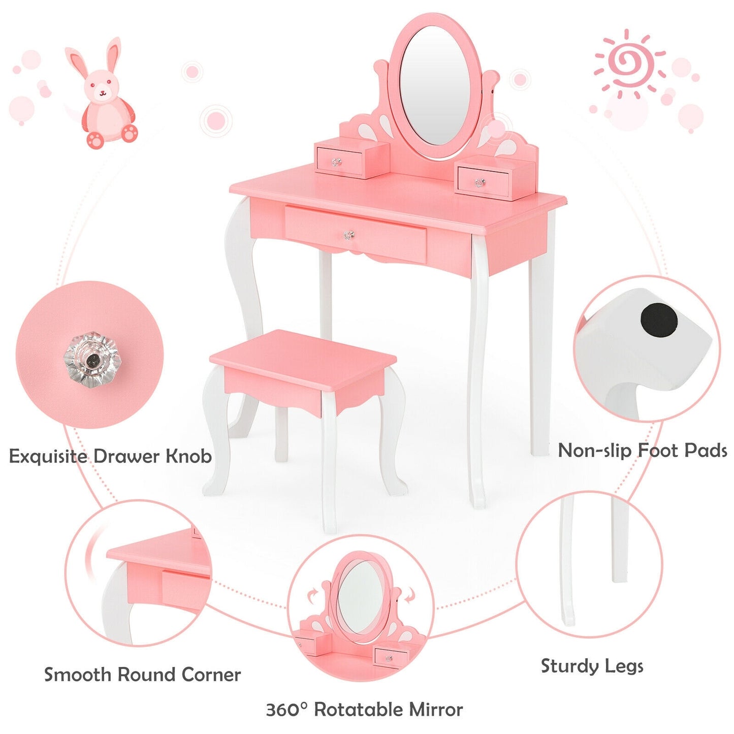 Kids Vanity Princess Makeup Dressing Table Stool Set with Mirror and Drawer-Pink Kids Crystal