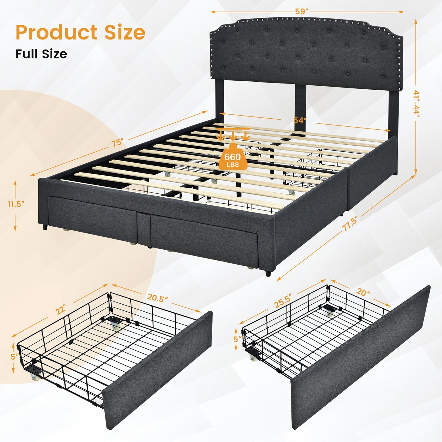 Queen Size Platform Bed Frame with Adjustable Headboard and 4 Storage Drawers Kids Crystal