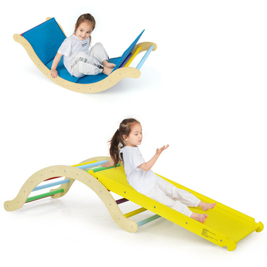 3-in-1 Kids Climber Set Wooden Arch Triangle Rocker with Ramp and Mat Kids Crystal