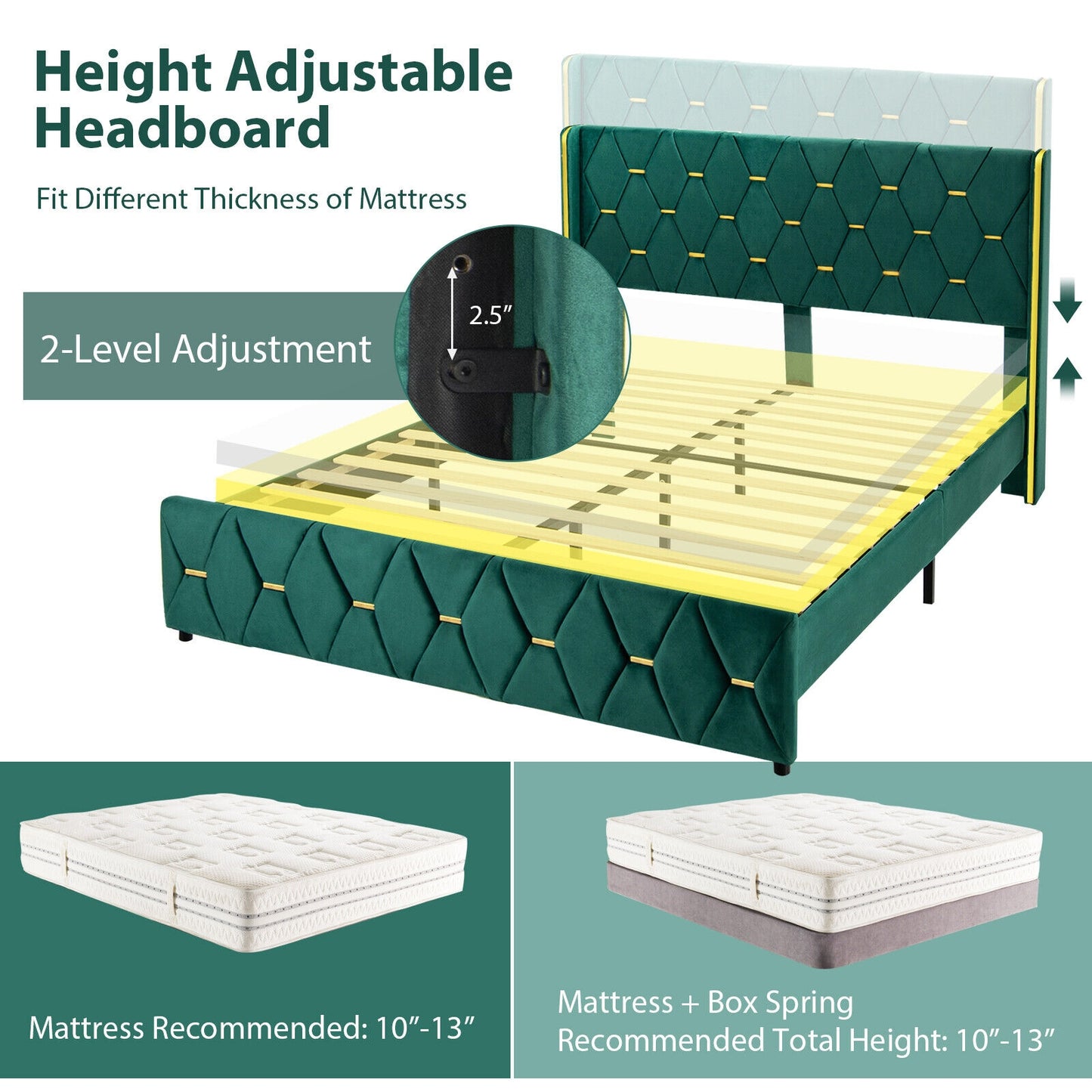 Queen/Full Size Upholstered Platform Bed Frame with Adjustable Headboard-Queen Size Kids Crystal