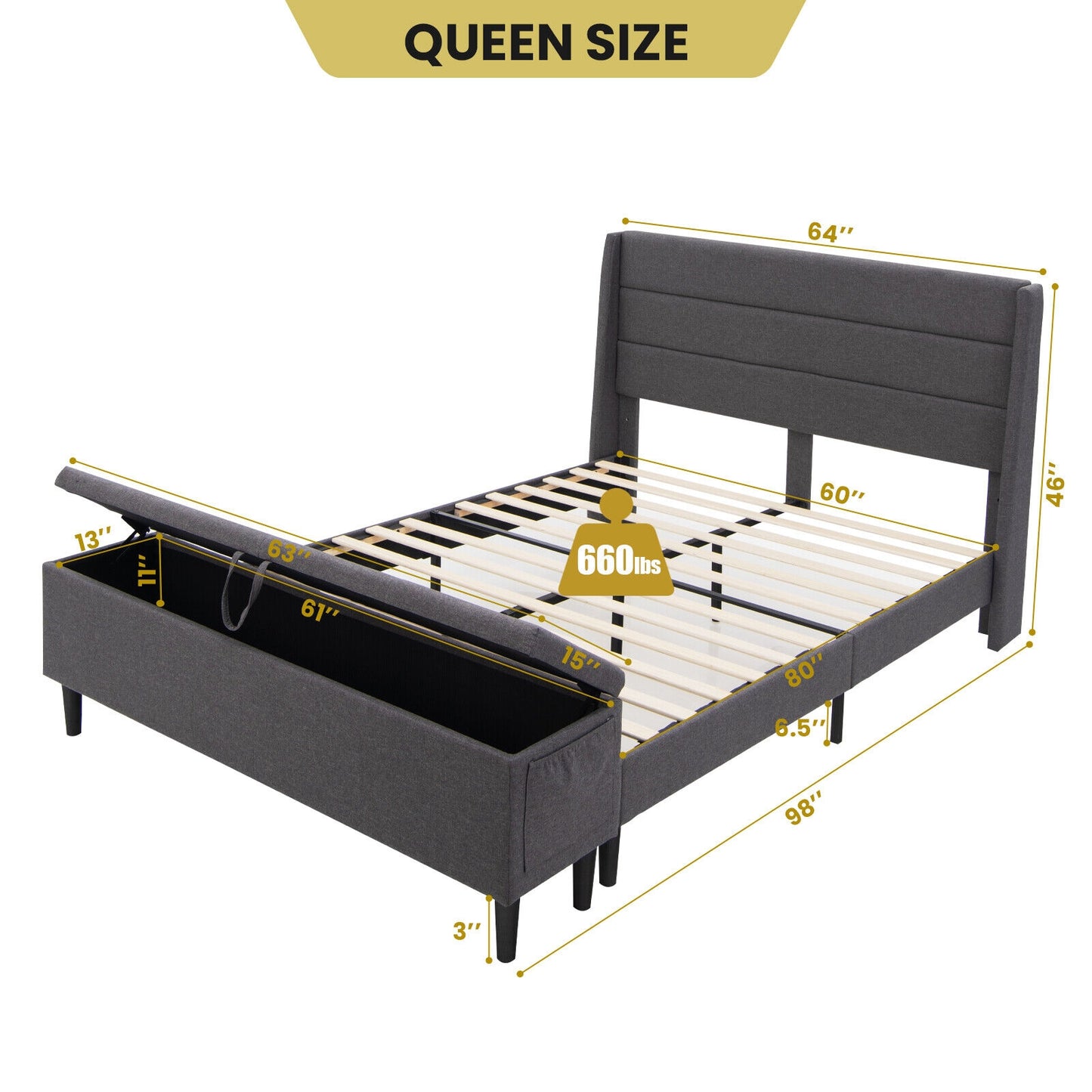 Full/Queen Size Upholstered Platform Bed Frame with Storage Ottoman-Queen Size Kids Crystal