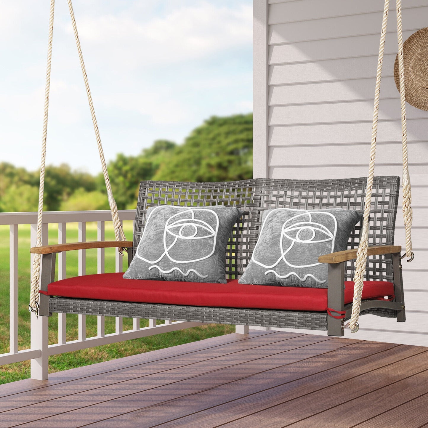 2-Person Patio Wicker Hanging Swing Chair-Red Kids Crystal