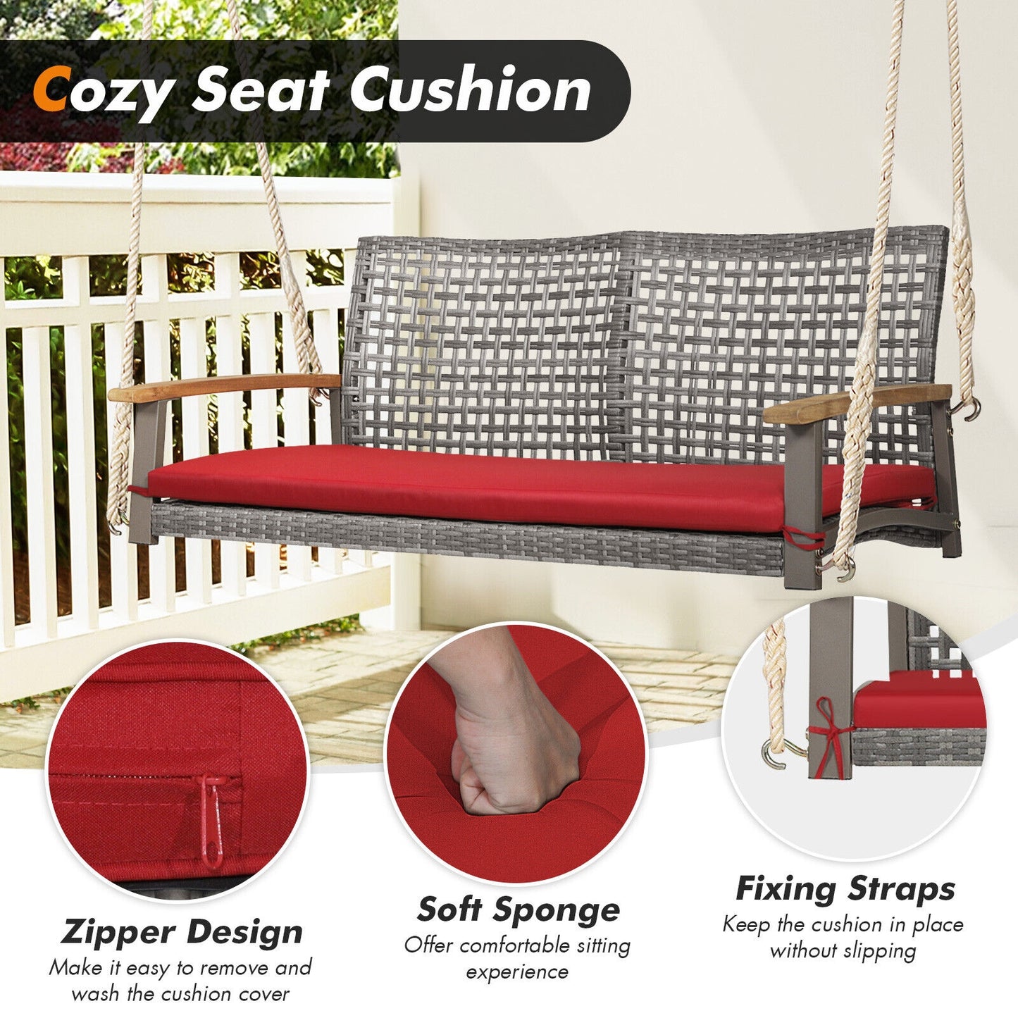 2-Person Patio Wicker Hanging Swing Chair-Red Kids Crystal